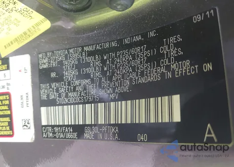 2012 Toyota Sienna Base V6 7 Passenger z USA, uszkodzony, nr VIN 5TDZK3DC0CS179715